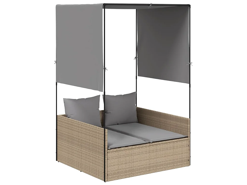 Chaise longue double avec toit et rideaux beige résine tressée