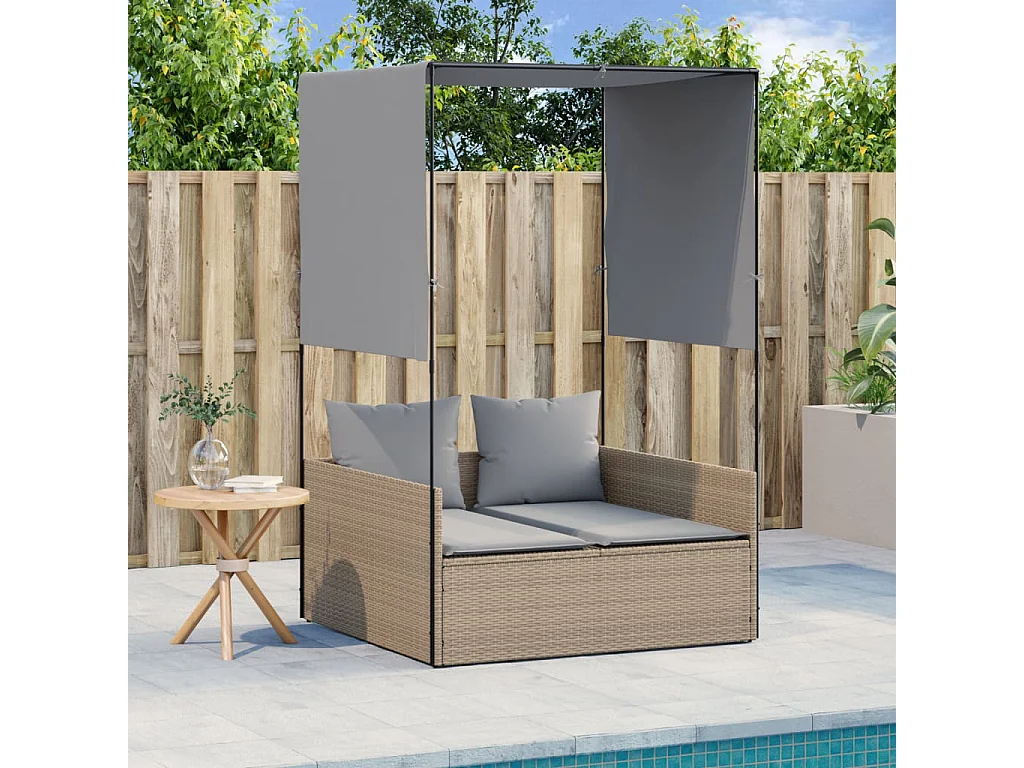 Chaise longue double avec toit et rideaux beige résine tressée
