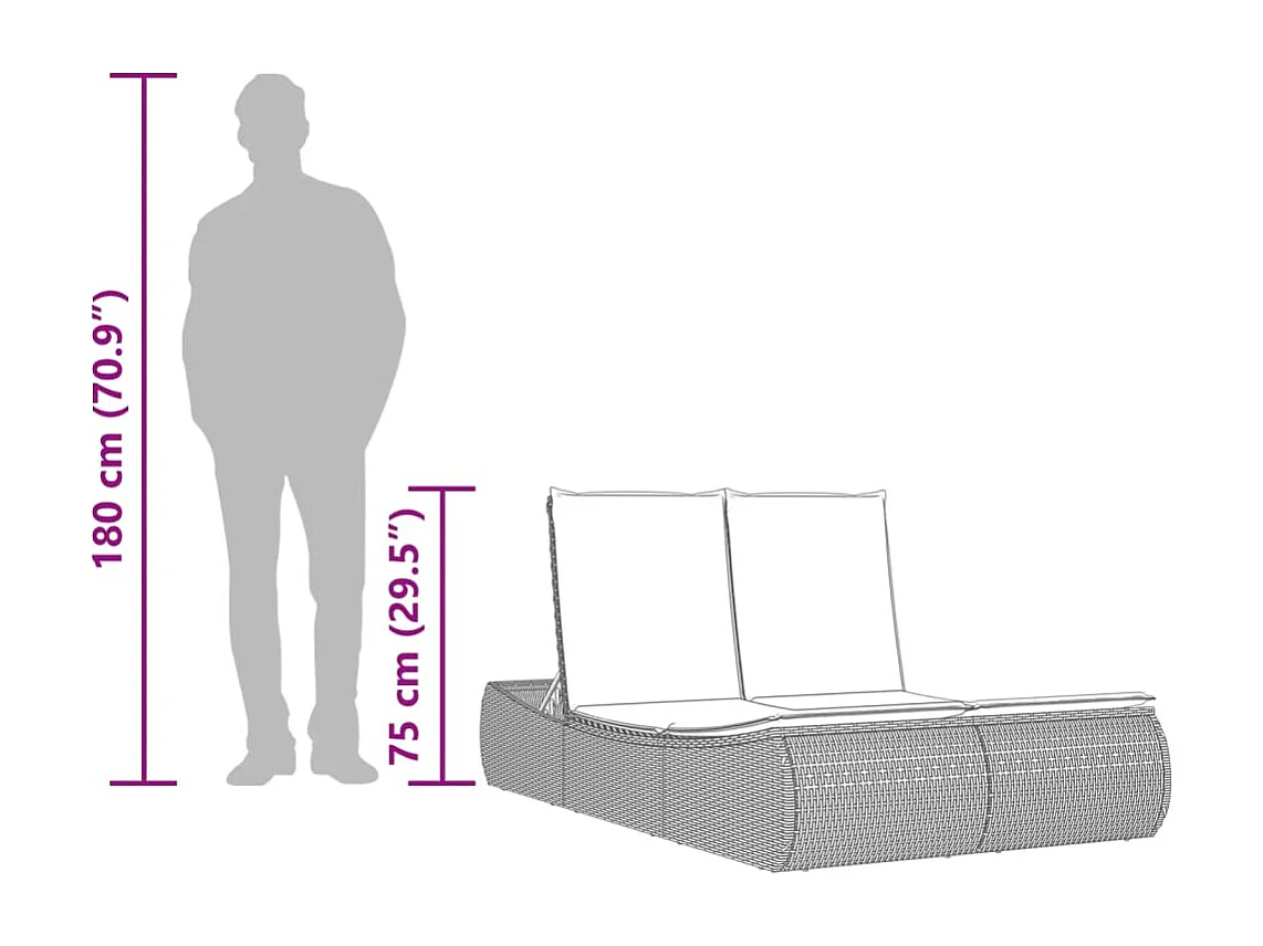 Ligbed 2-persoons met kussens poly rattan bruin