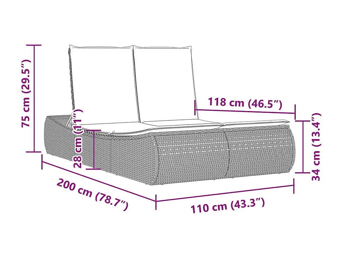 Chaise longue double avec coussins marron résine tressée