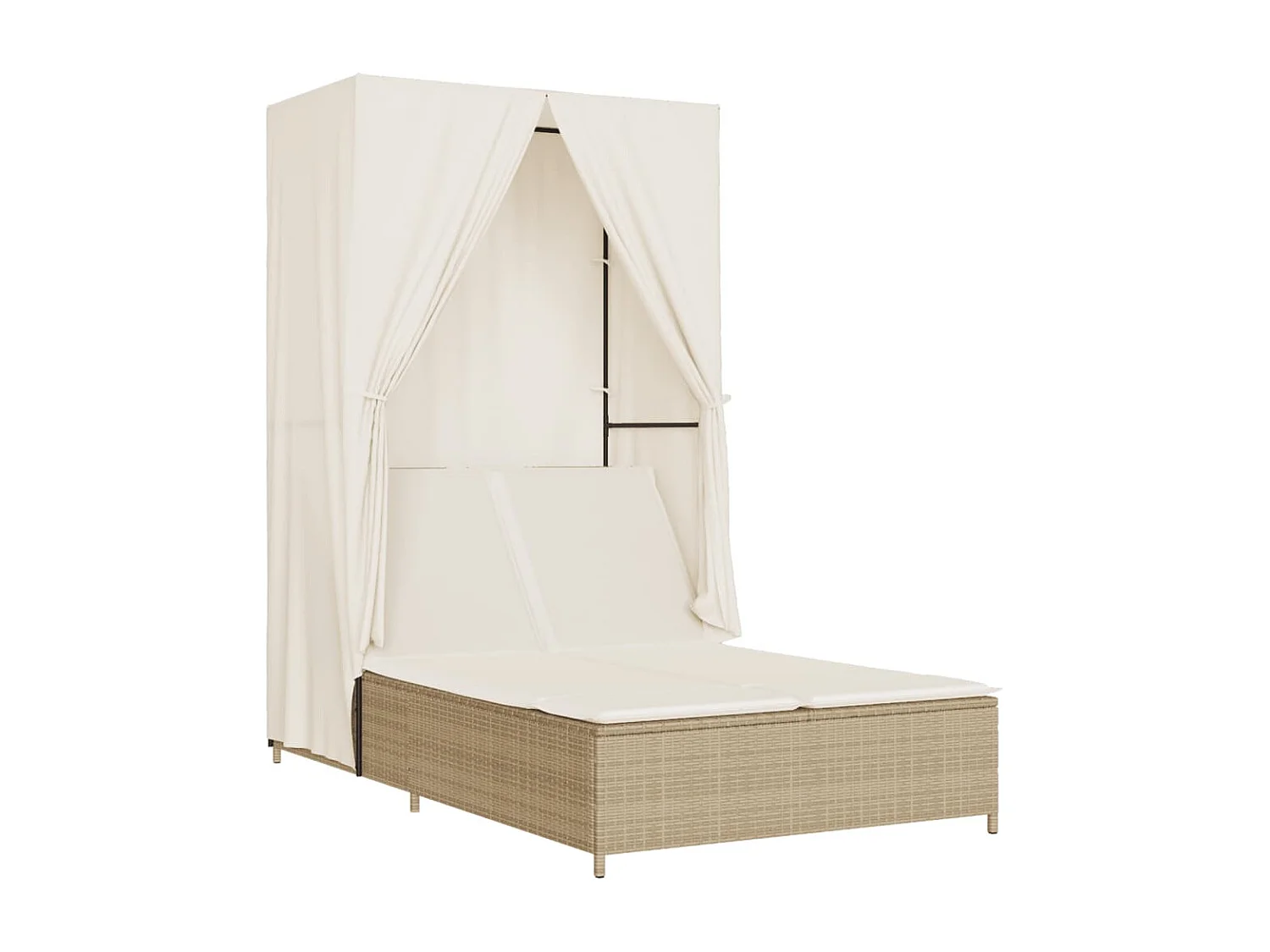 Lettino Prendisole con Tetto e Tende Beige in Polyrattan