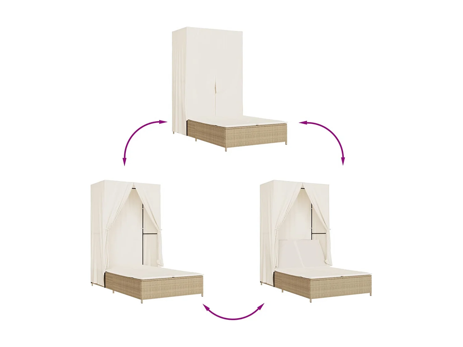 Lettino Prendisole con Tetto e Tende Beige in Polyrattan