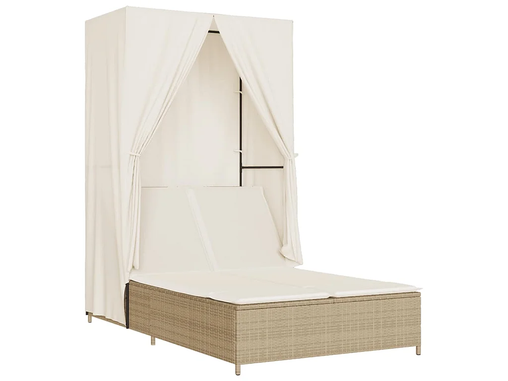 Chaise longue double avec toit et rideaux beige résine tressée