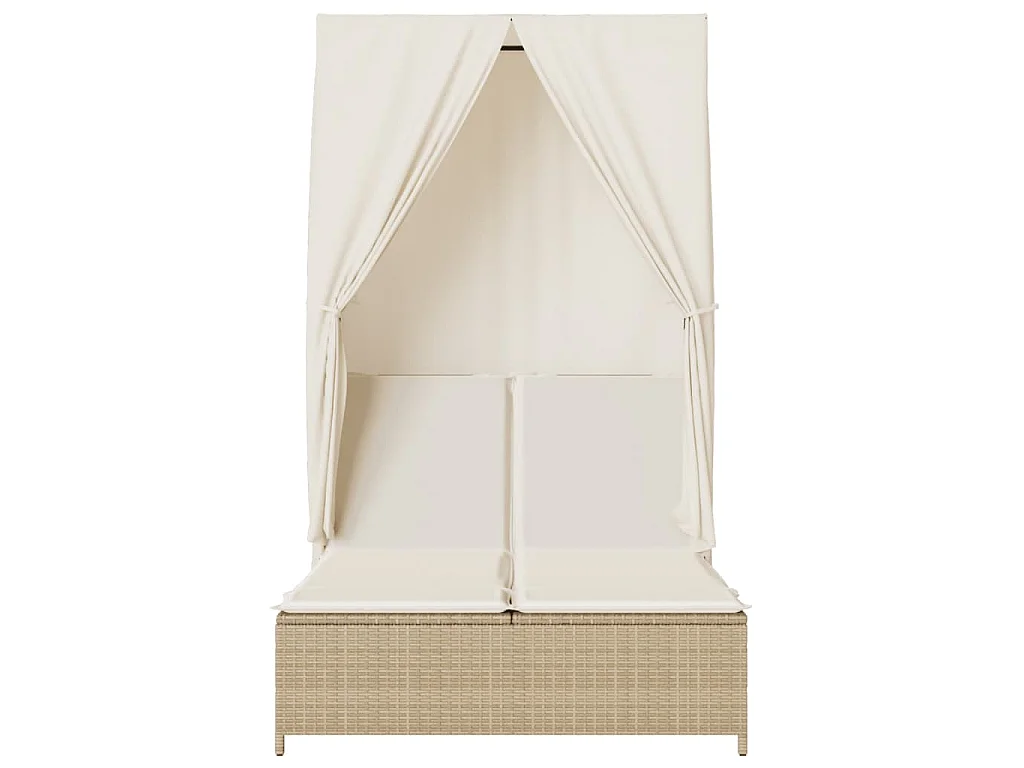 Chaise longue double avec toit et rideaux beige résine tressée