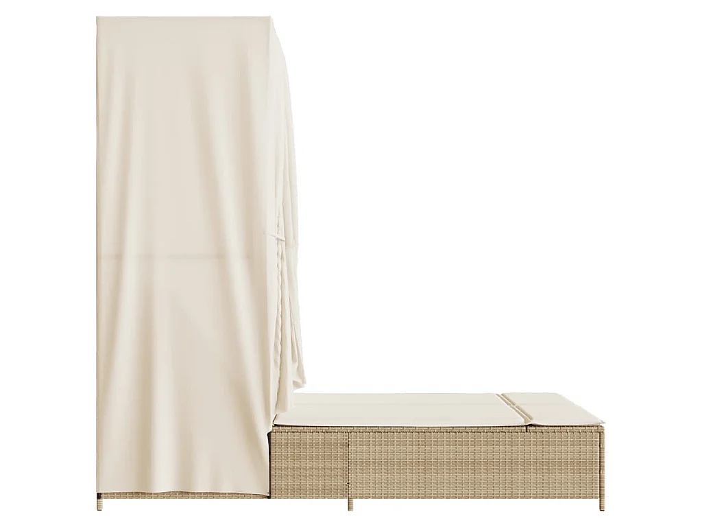 Chaise longue double avec toit et rideaux beige résine tressée