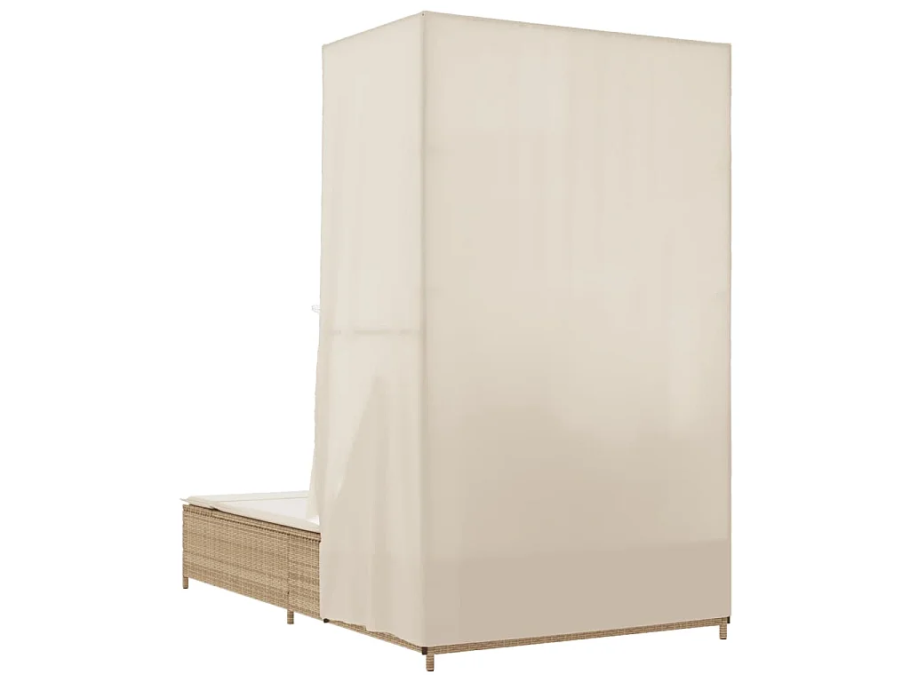 Chaise longue double avec toit et rideaux beige résine tressée