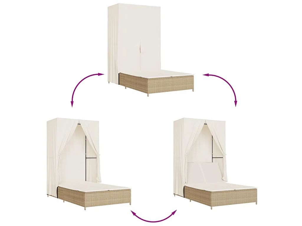 Chaise longue double avec toit et rideaux beige résine tressée