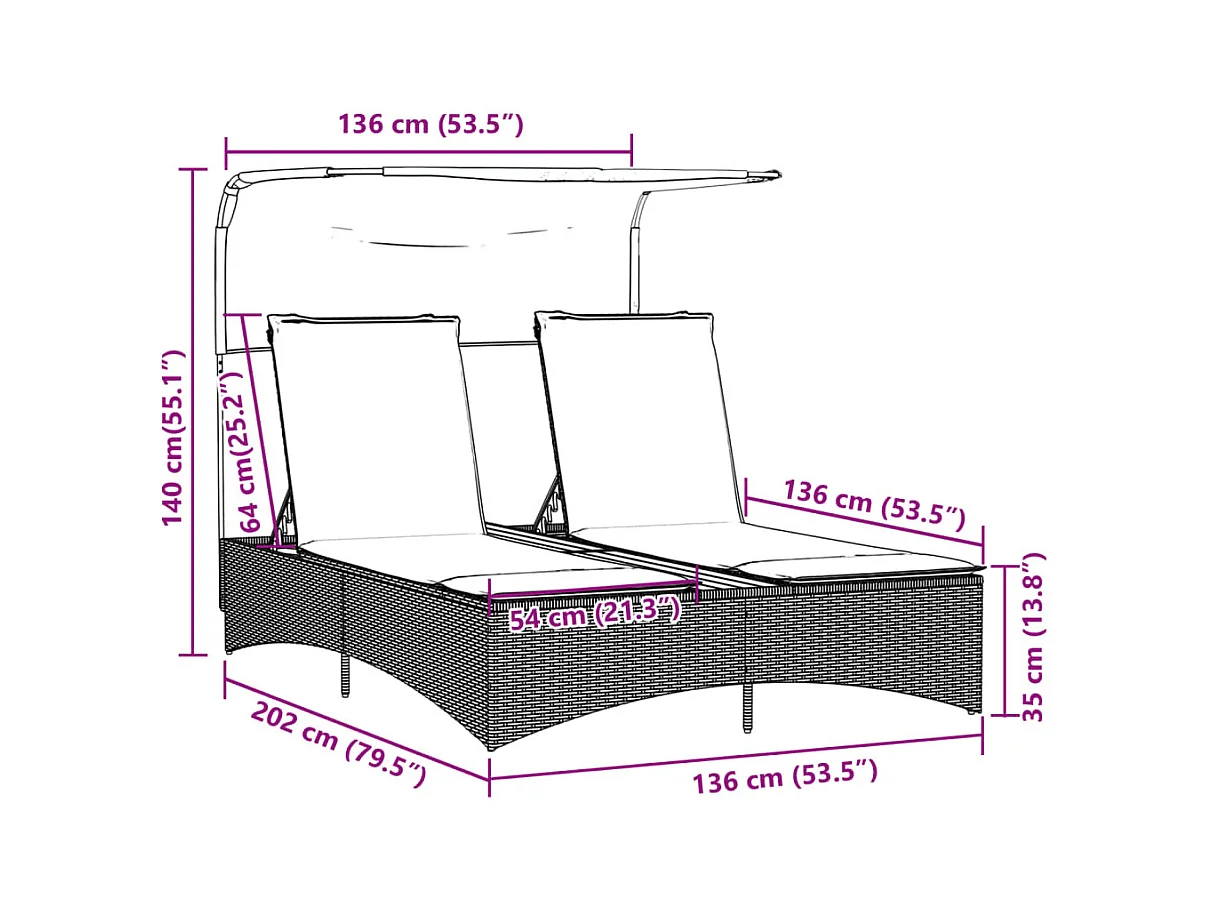 Chaise longue double et auvent et coussins gris résine tressée