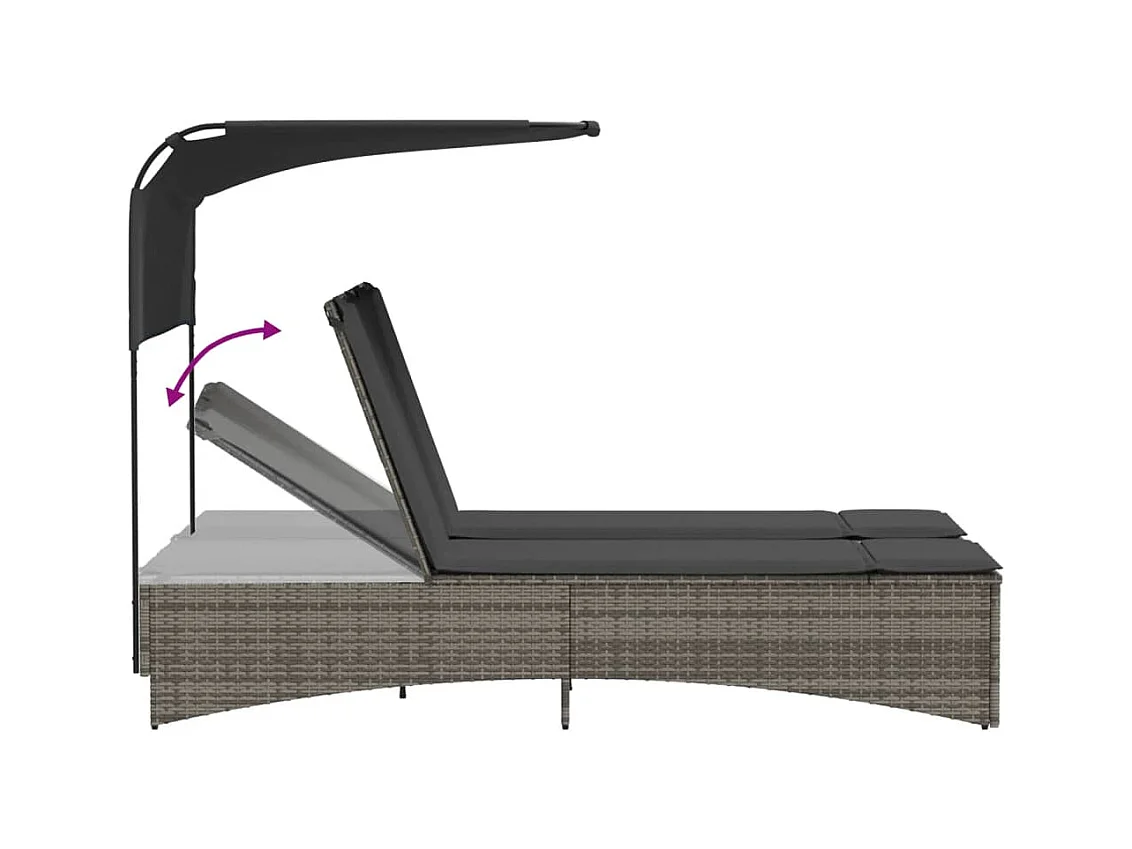 Chaise longue double et auvent et coussins gris résine tressée