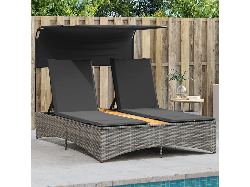Chaise longue double et auvent et coussins gris résine tressée