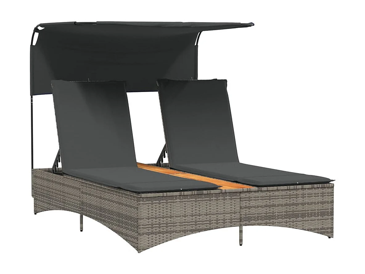 Chaise longue double et auvent et coussins gris résine tressée