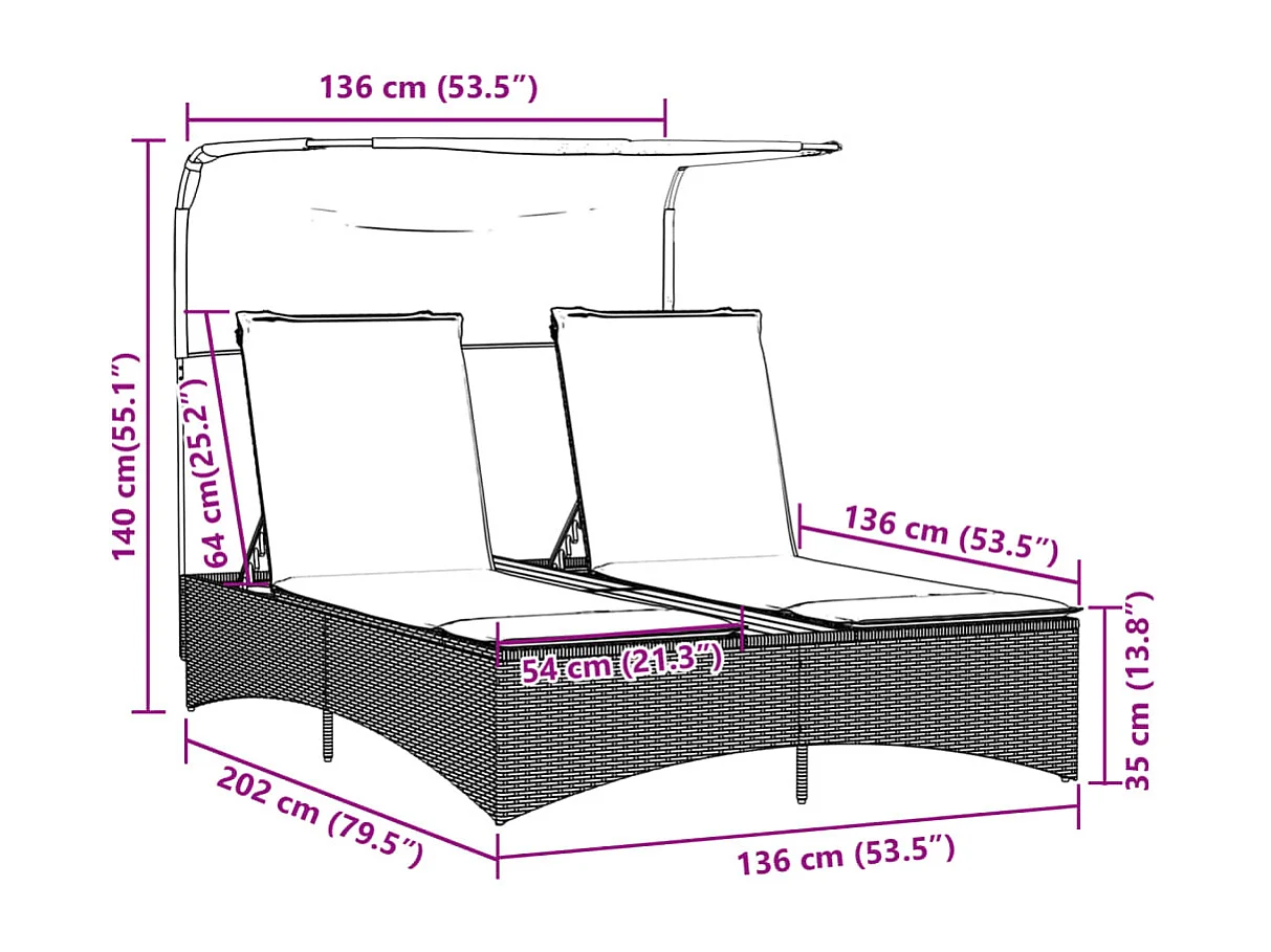 Chaise longue double et auvent et coussins gris résine tressée