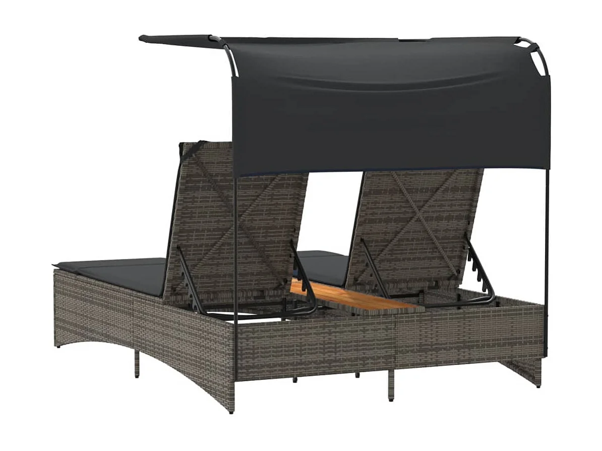 Chaise longue double et auvent et coussins gris résine tressée