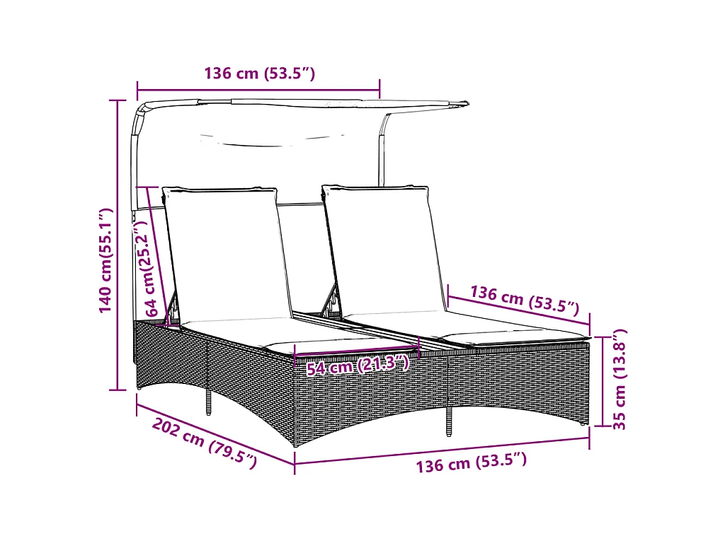 Ligbed 2-persoons met luifel en kussens poly rattan grijs