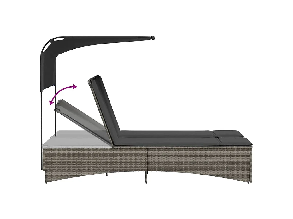 Ligbed 2-persoons met luifel en kussens poly rattan grijs