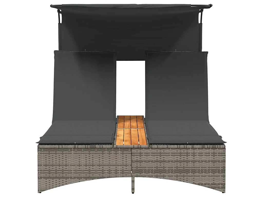 Doppel-Sonnenliege mit Dach und Auflagen Grau Poly Rattan