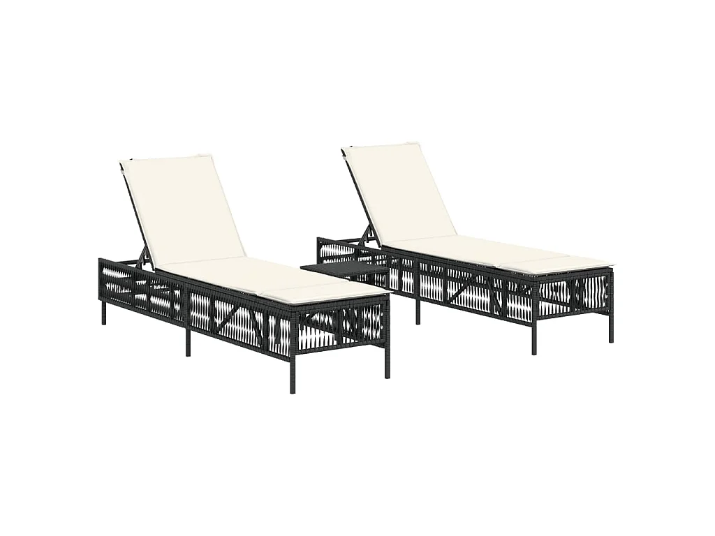 Lettini Prendisole 2 pz con Tavolino Nero in Polyrattan