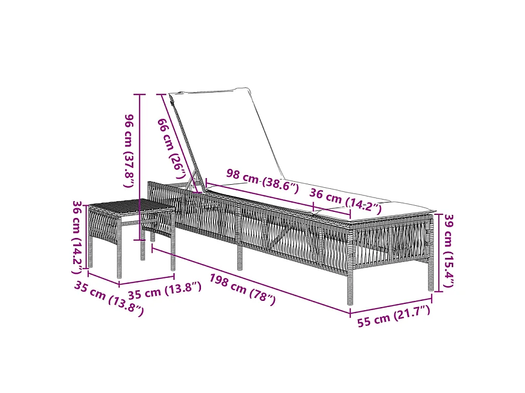 Lettini Prendisole 2 pz con Tavolino Nero in Polyrattan