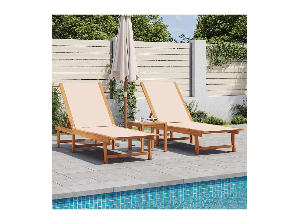 Chaises longues lot de 2 table crème bois d'acacia et textilène