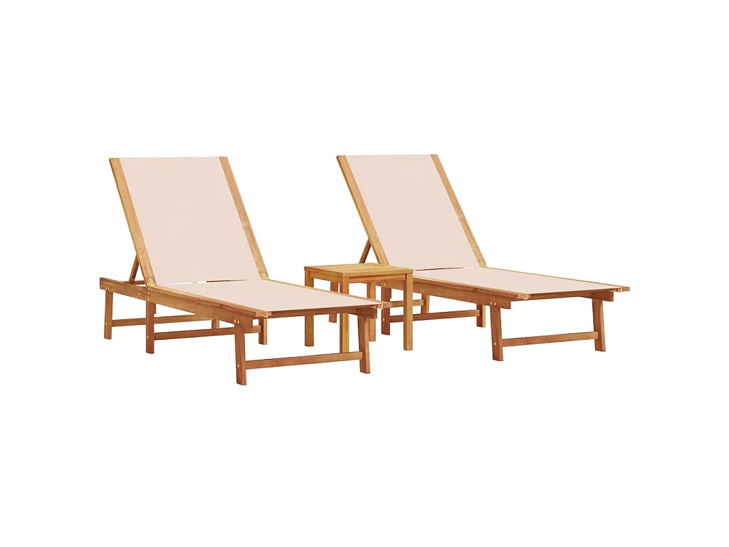 Tumbonas 2 uds con mesa madera maciza acacia y textileno crema