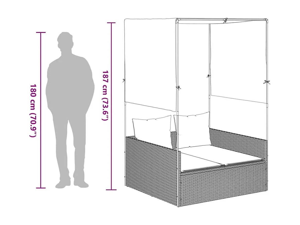 Lettino Prendisole con Tetto e Tende Nero in Polyrattan