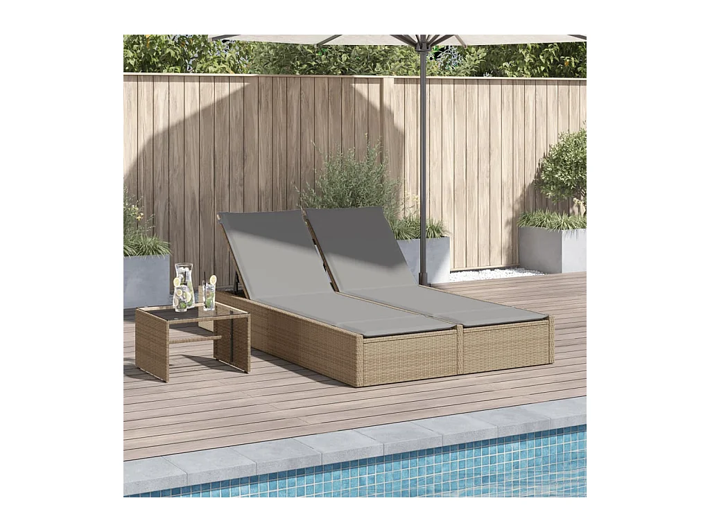 Chaise longue double avec coussins beige résine tressée