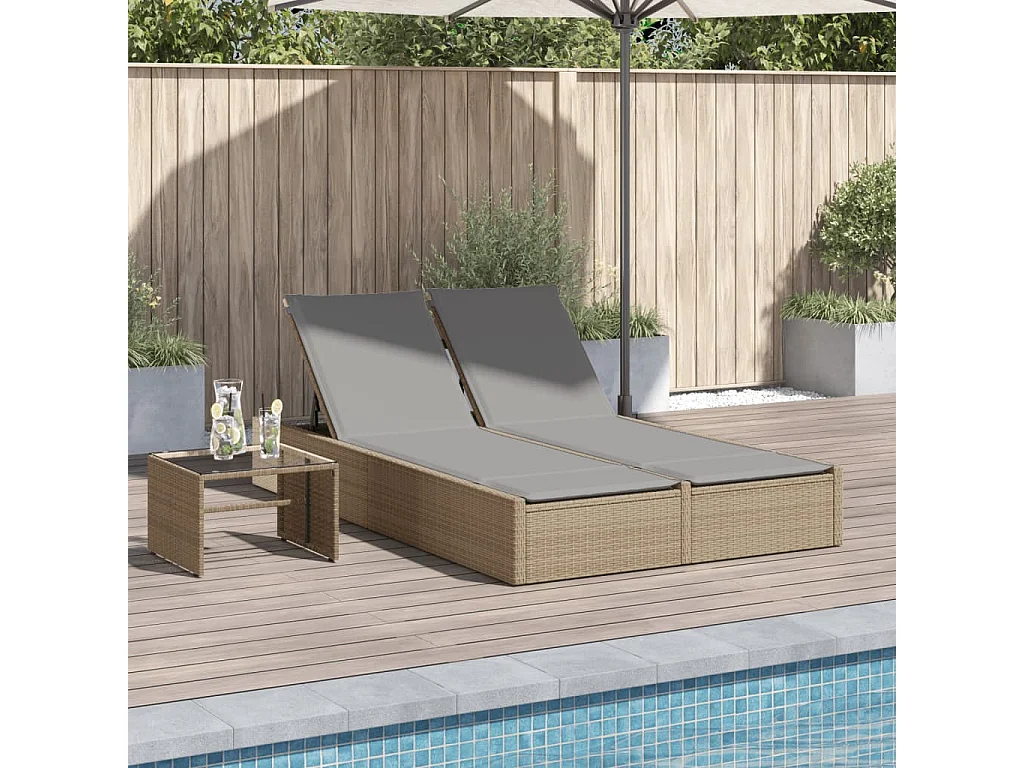 Chaise longue double avec coussins beige résine tressée