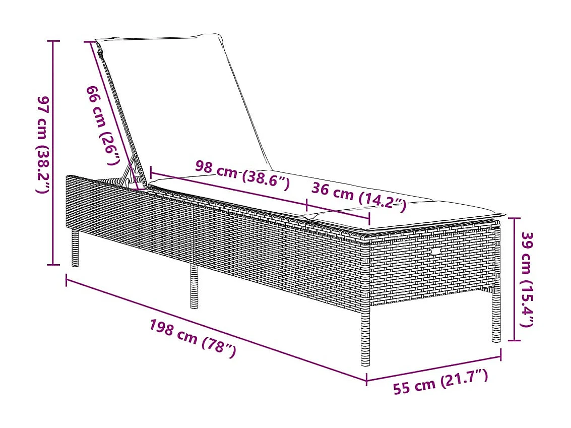 Ligbed met kussen poly rattan grijs