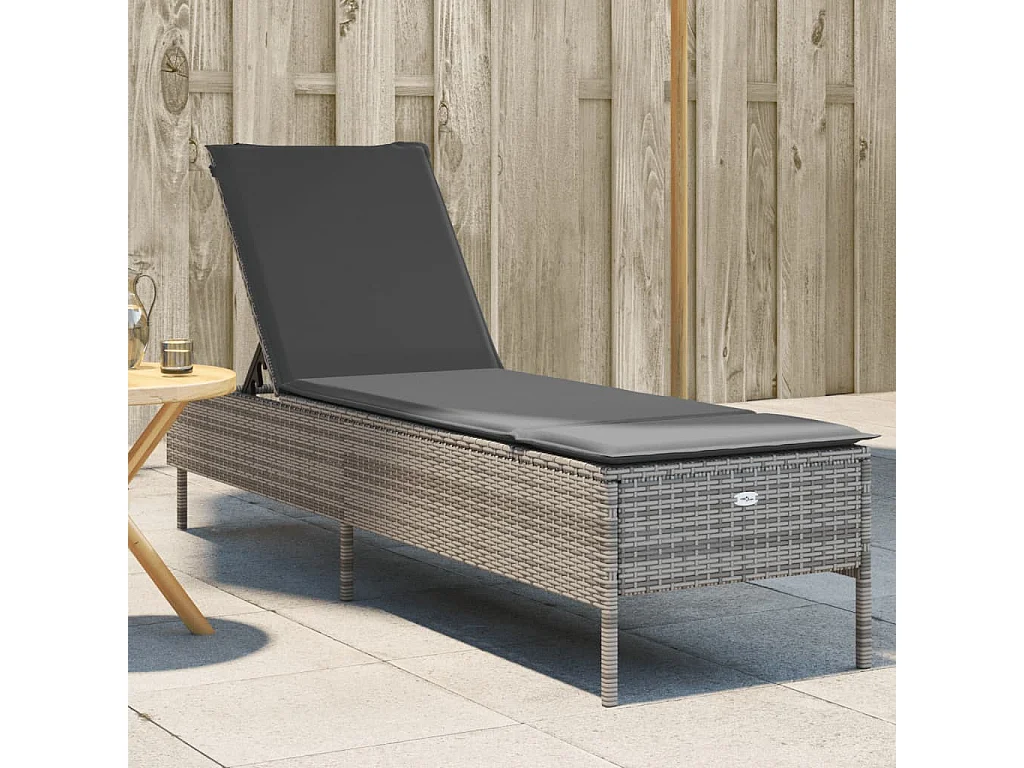 Ligbed met kussen poly rattan grijs