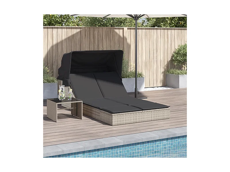 Doppel-Sonnenliege mit Dach und Auflagen Hellgrau Poly Rattan