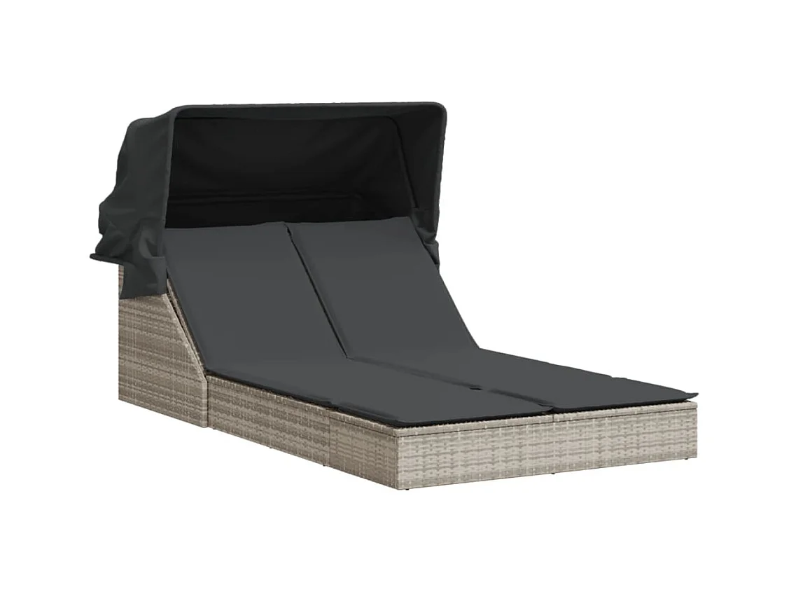 Chaise longue double avec auvent et coussins gris clair rotin