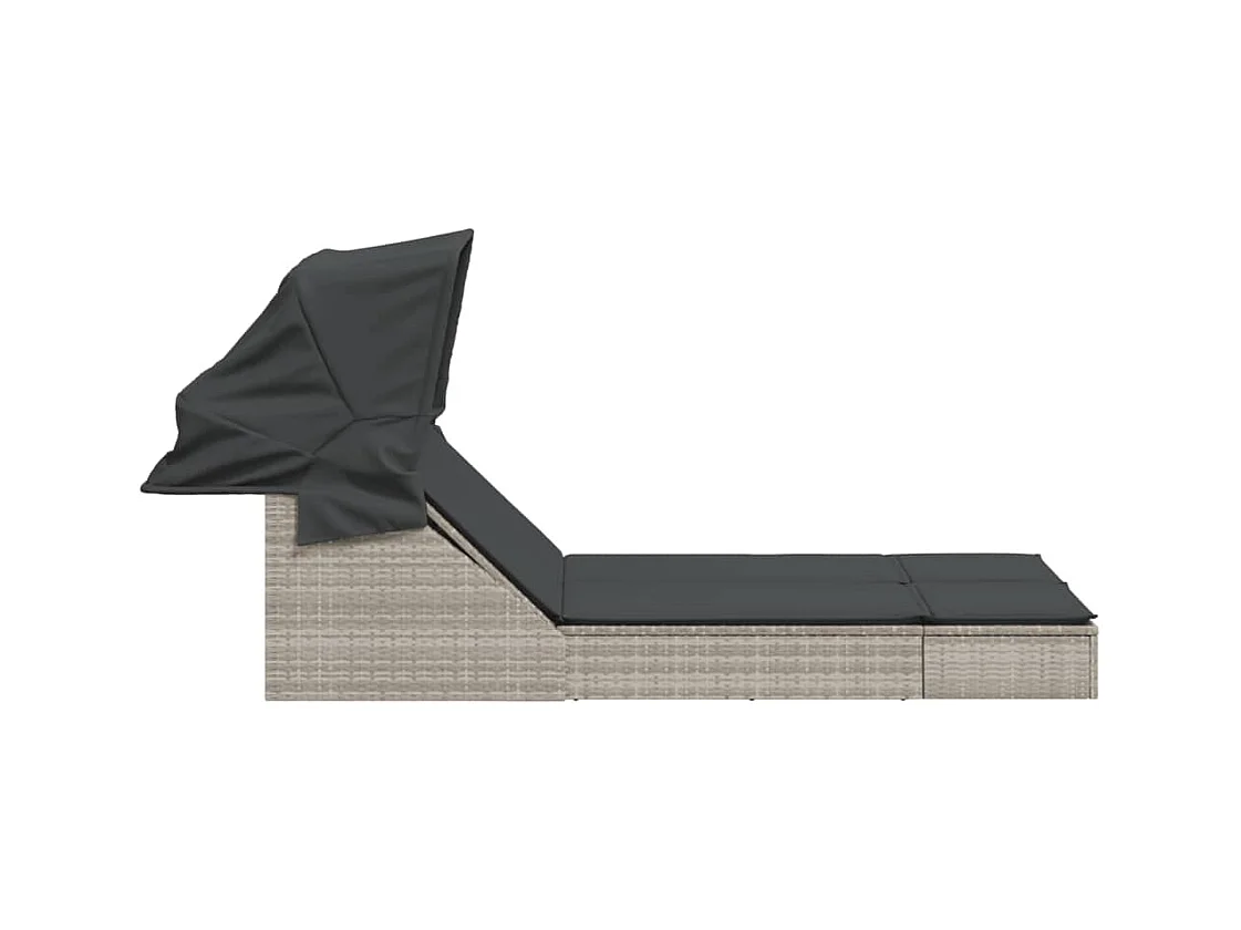 Chaise longue double avec auvent et coussins gris clair rotin