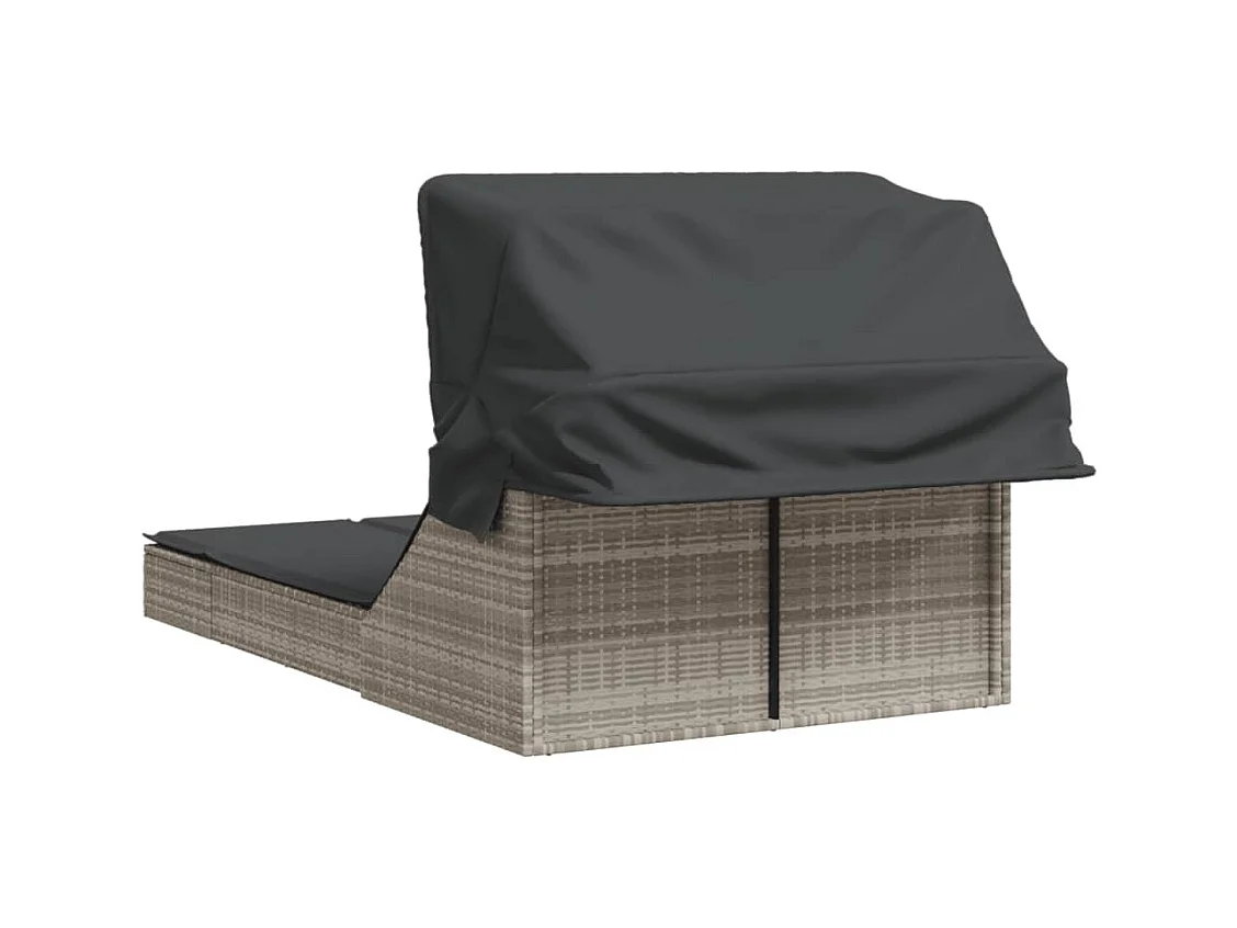 Chaise longue double avec auvent et coussins gris clair rotin