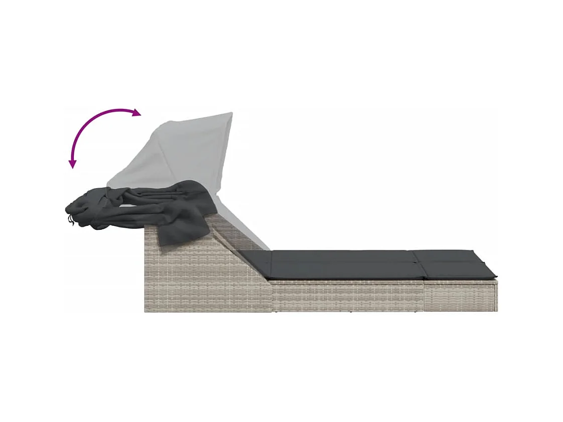 Chaise longue double avec auvent et coussins gris clair rotin