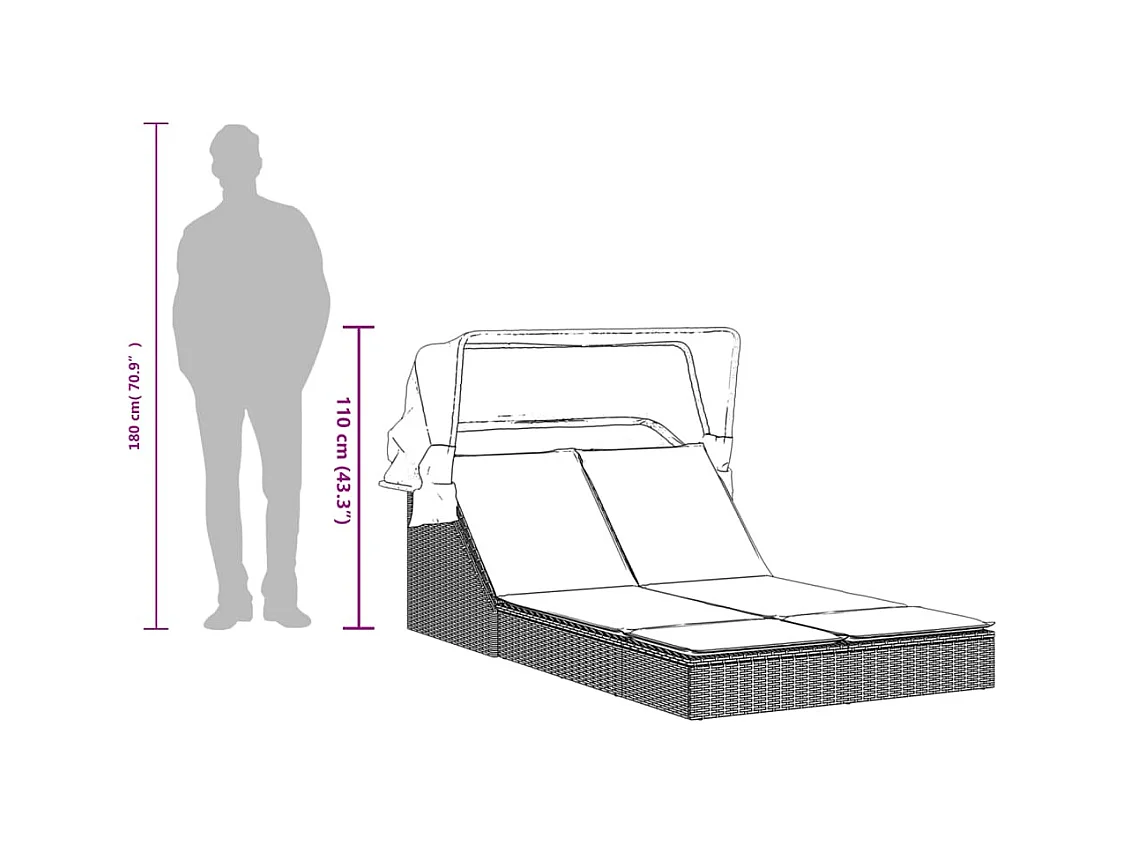 Chaise longue double avec auvent et coussins gris clair rotin