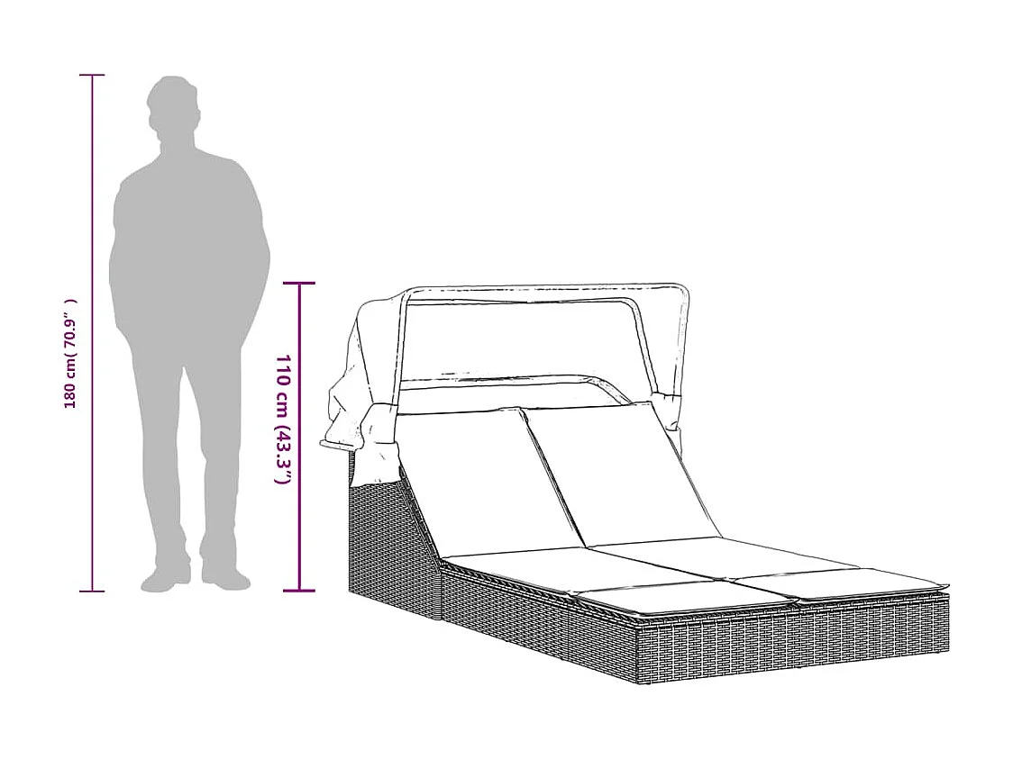 Chaise longue double avec auvent et coussins gris clair rotin