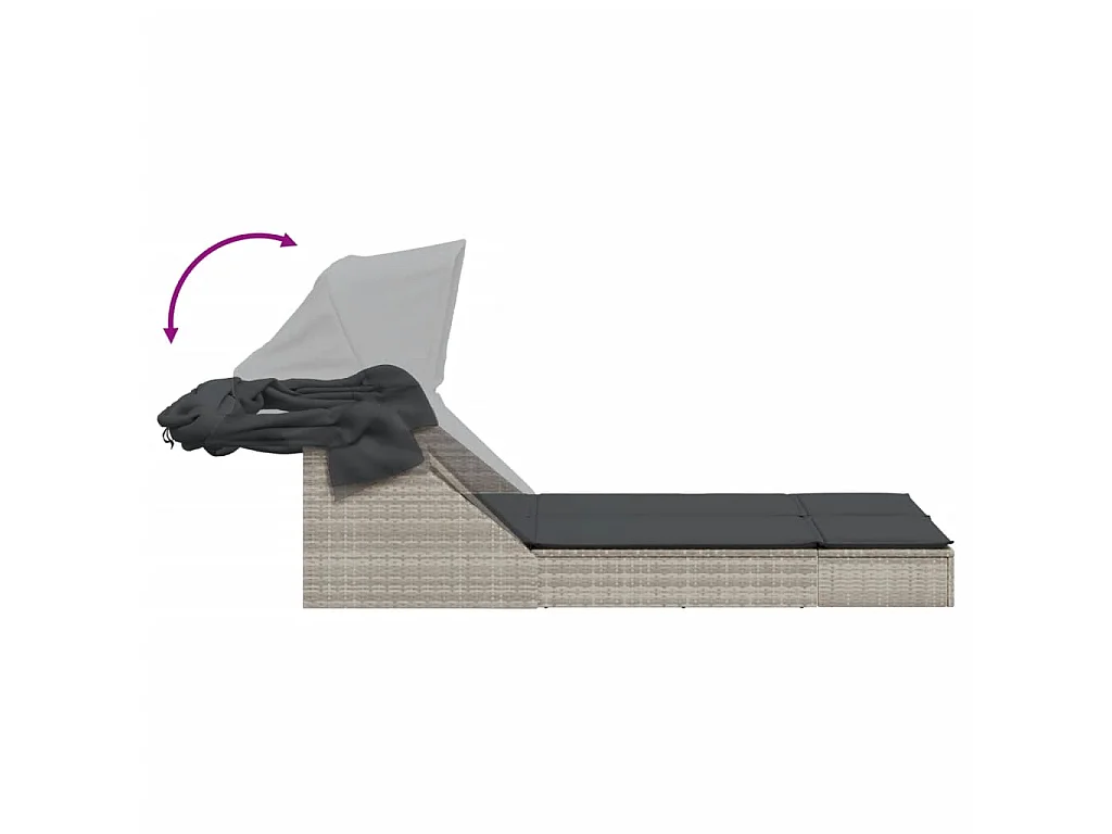 Ligbed 2-persoons met luifel en kussens poly rattan lichtgrijs