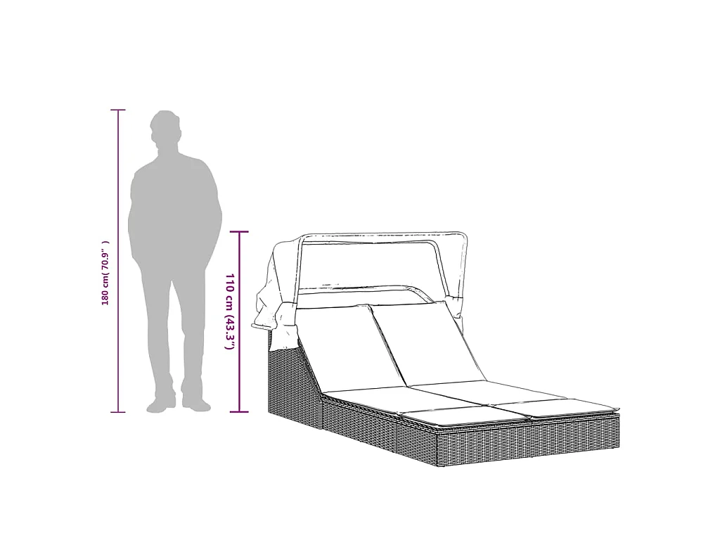 Ligbed 2-persoons met luifel en kussens poly rattan lichtgrijs