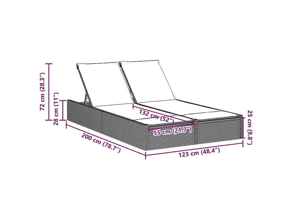 Ligbed 2-persoons met kussens poly rattan grijs