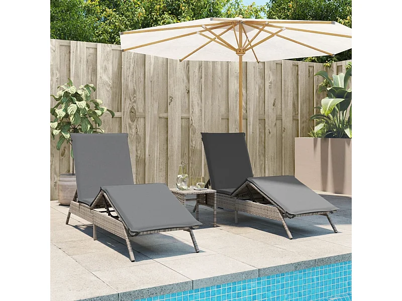 Chaises longues lot de 2 avec table gris résine tressée