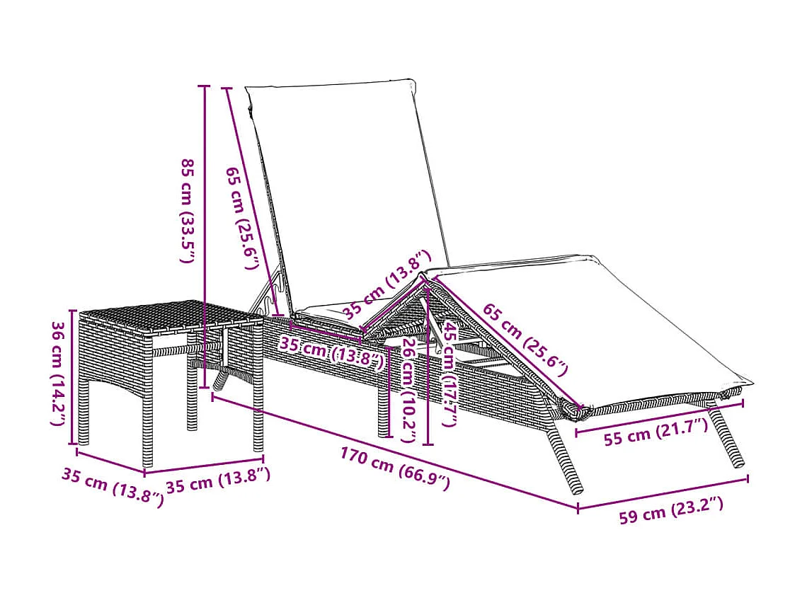 Sonnenliegen 2 Stk. mit Tisch Grau Poly Rattan