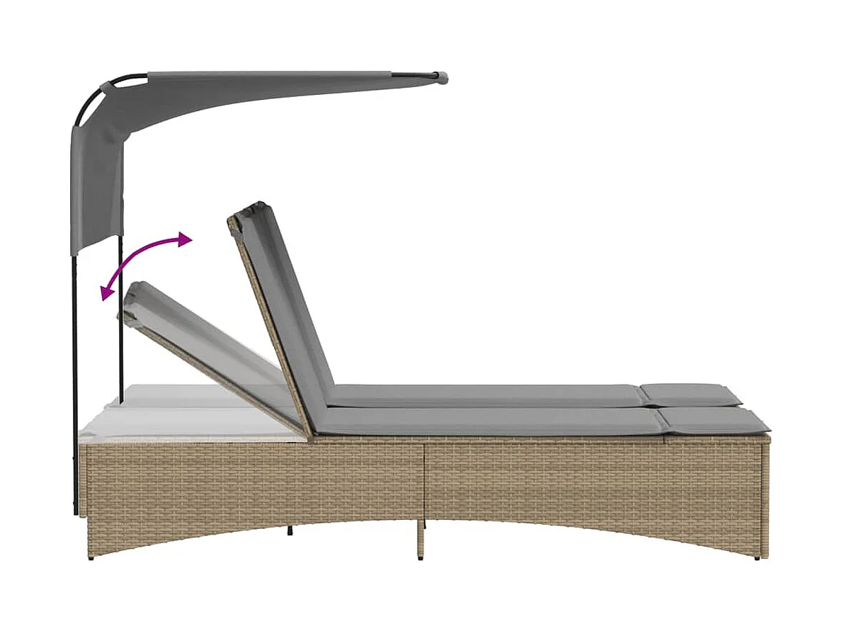 Ligbed 2-persoons luifel en kussens poly rattan gemengd beige