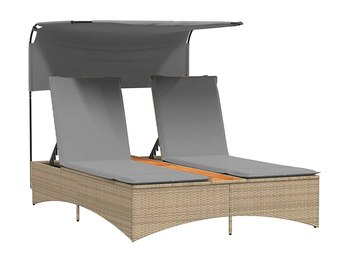 Chaise longue double et auvent et coussins mélange beige rotin