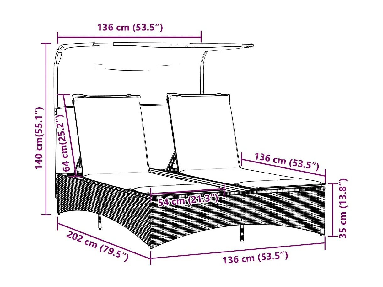 Chaise longue double et auvent et coussins mélange beige rotin