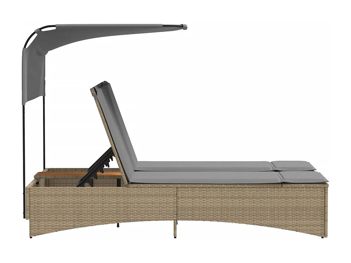 Chaise longue double et auvent et coussins mélange beige rotin
