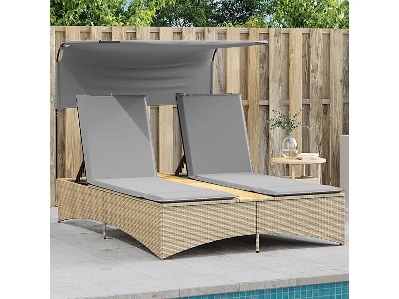 Chaise longue double et auvent et coussins mélange beige rotin