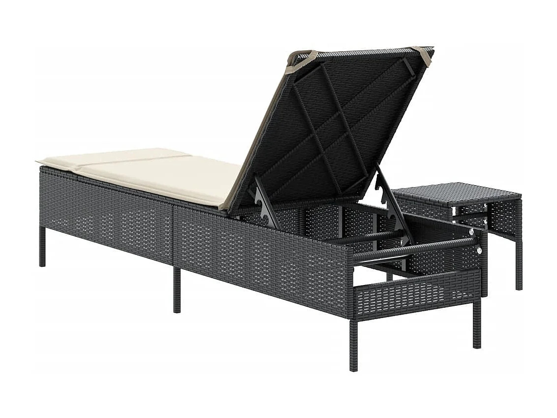 Lettino Prendisole con Tavolo e Cuscino Nero in Polyrattan