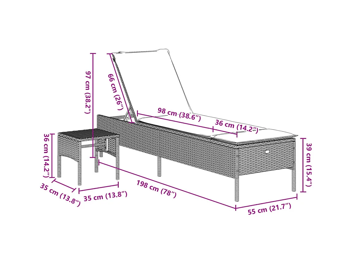 Ligbed met tafel en kussen poly rattan zwart