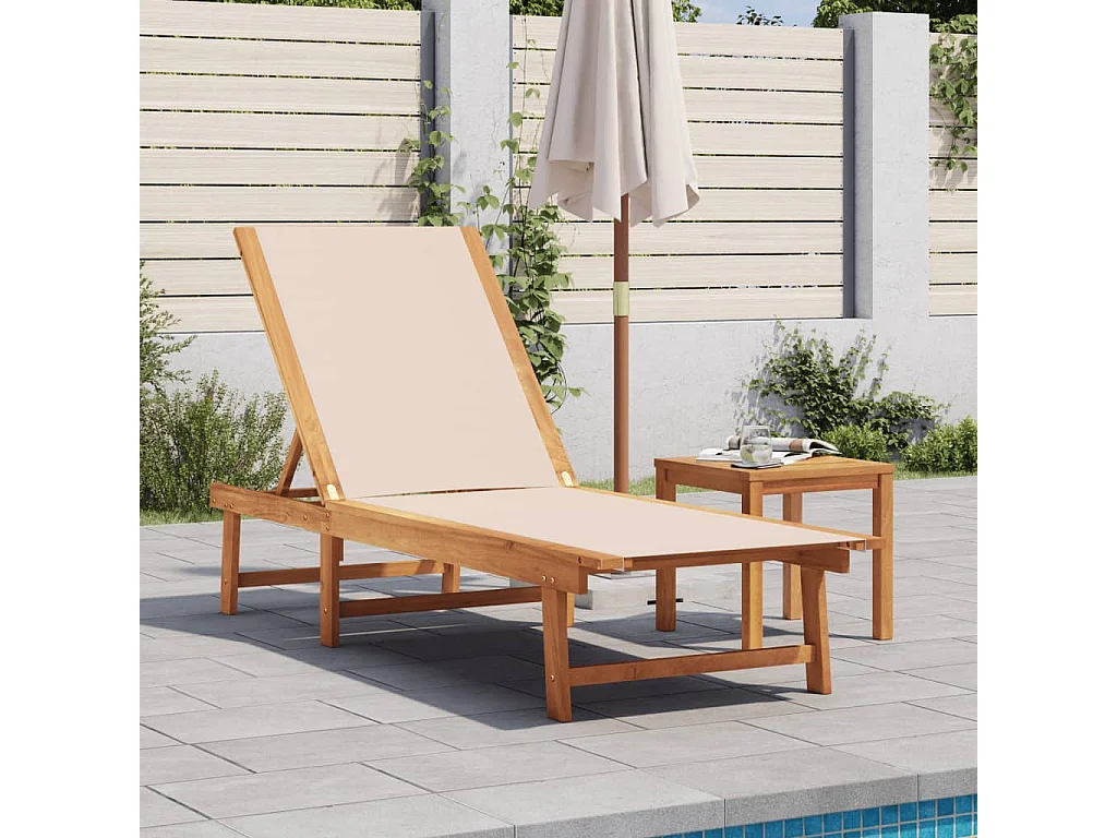 Ligbed met tafel massief acaciahout en textileen crèmekleurig