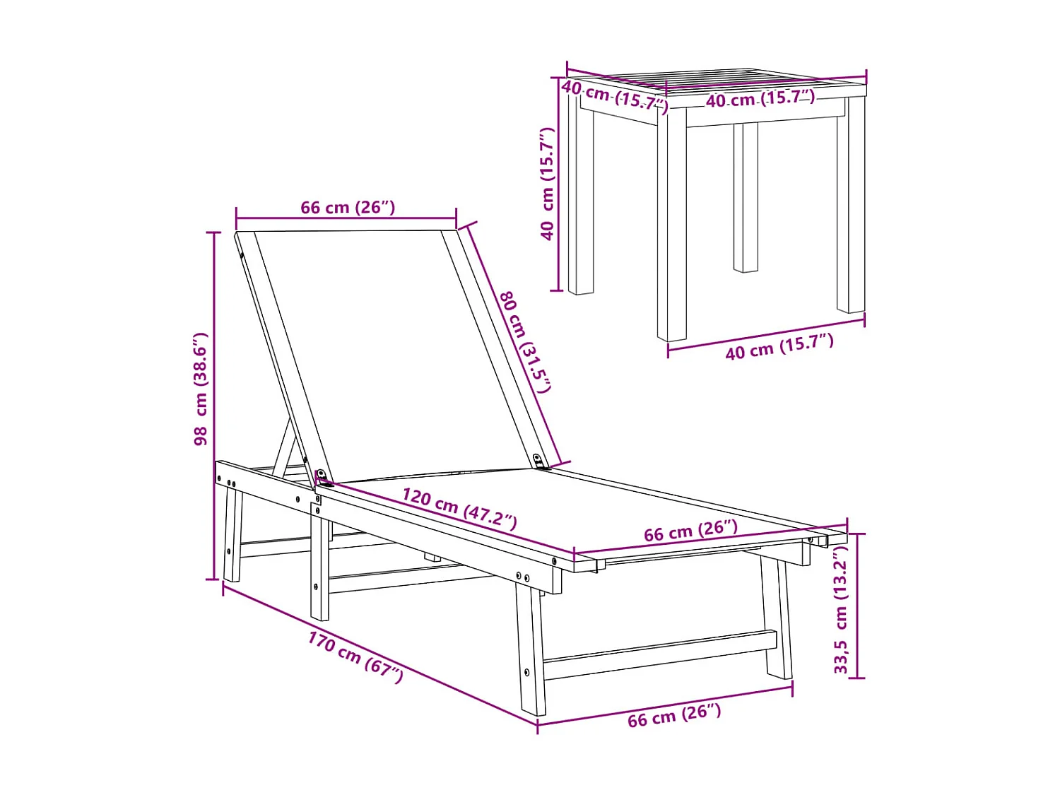Ligbed met tafel massief acaciahout en textileen crèmekleurig